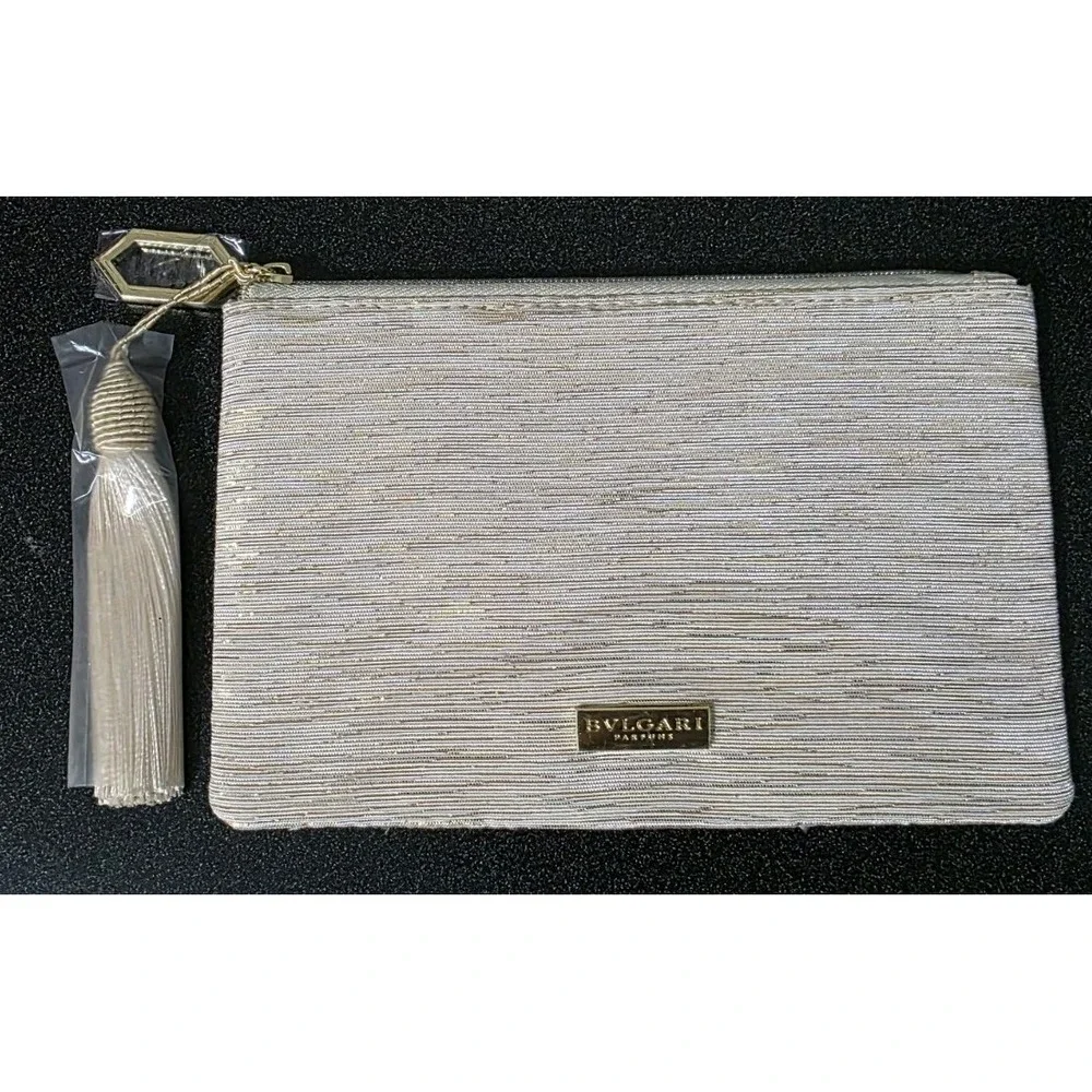 New BVLGARI Parfums Cosmetic Pouch‎ Clutch Gold Lurex Tassel Charm Make Up Bag